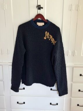 Marni Navy Crewneck Sweater with Yellow Script Detail